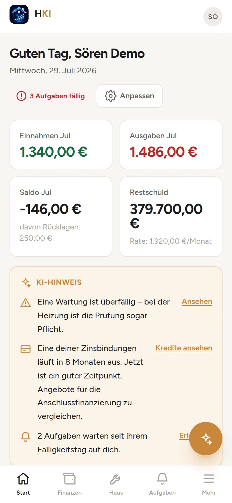 Hausgeist Dashboard auf dem Handy: alle Kennzahlen und Hinweise unterwegs