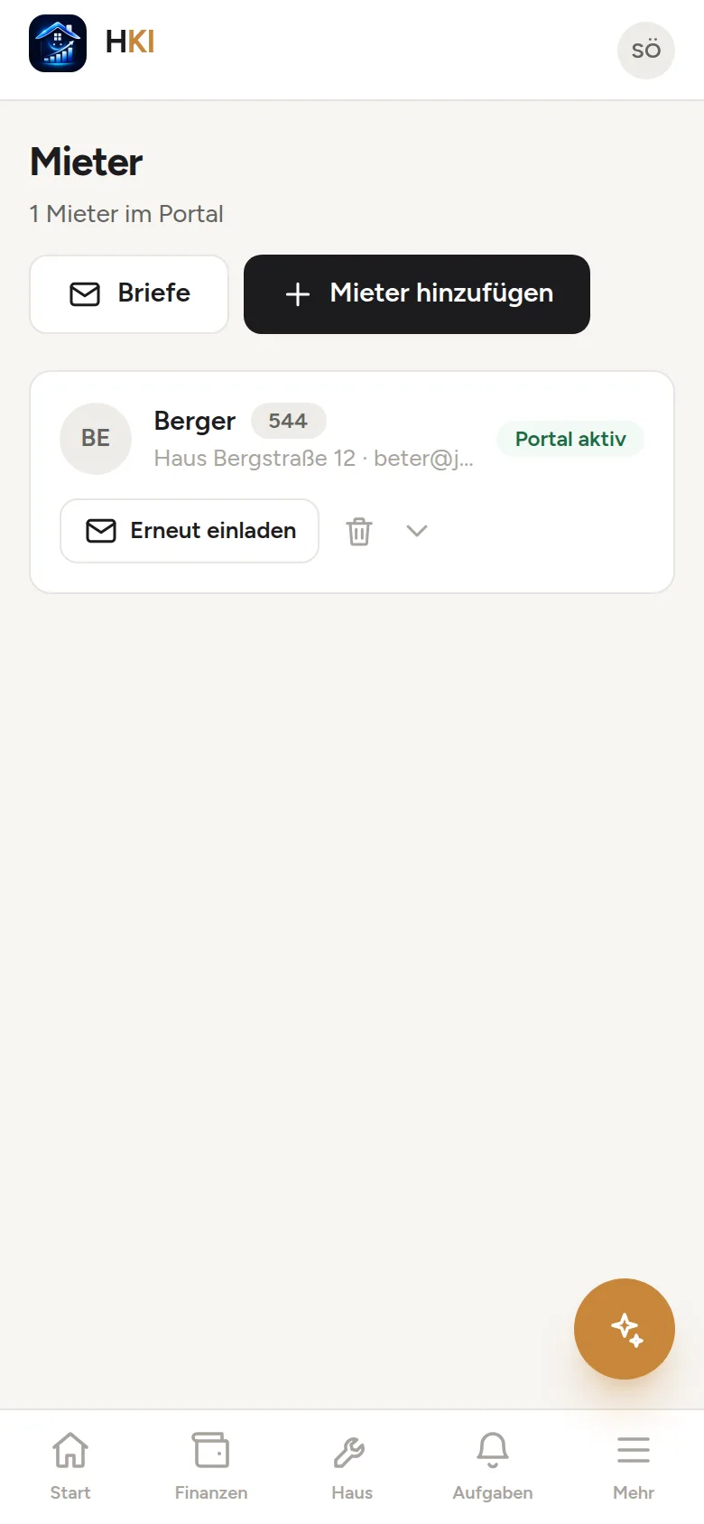 Mieter-Übersicht auf dem Handy: Mieter mit aktivem Portal-Zugang