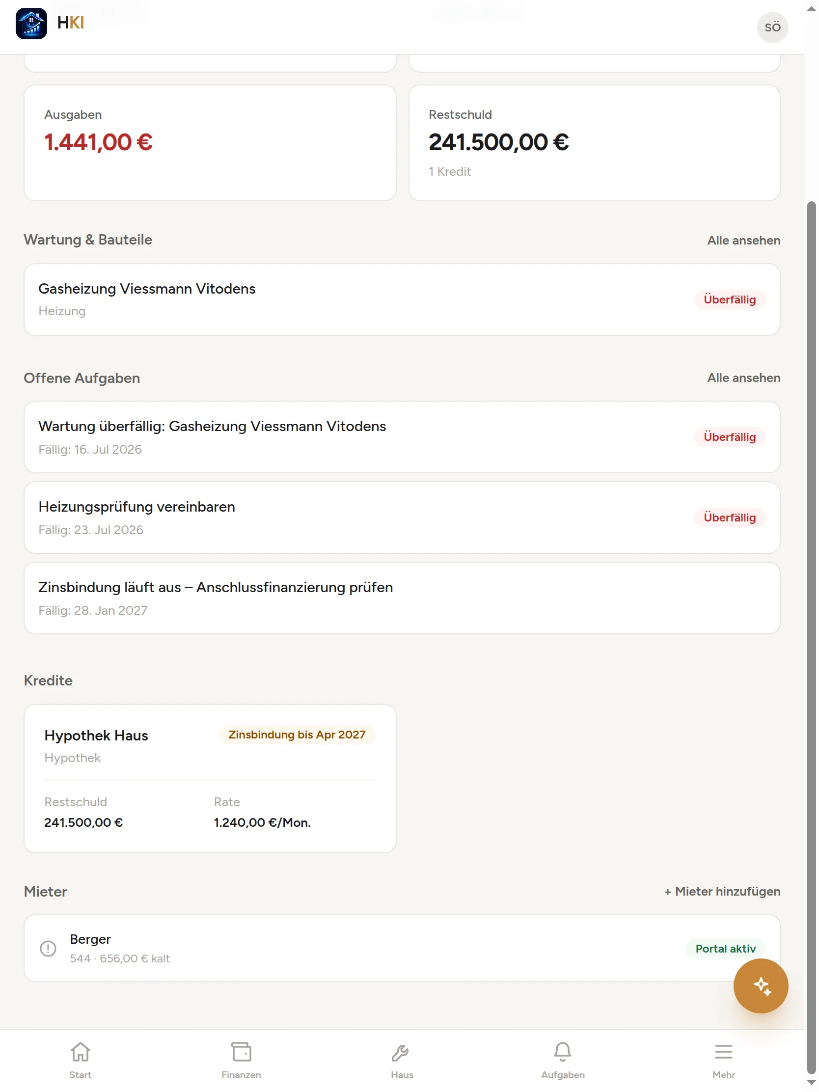 Immobilien-Ansicht auf dem Tablet: Kosten, Wartung, Kredite und Mieter mit Portal-Zugang